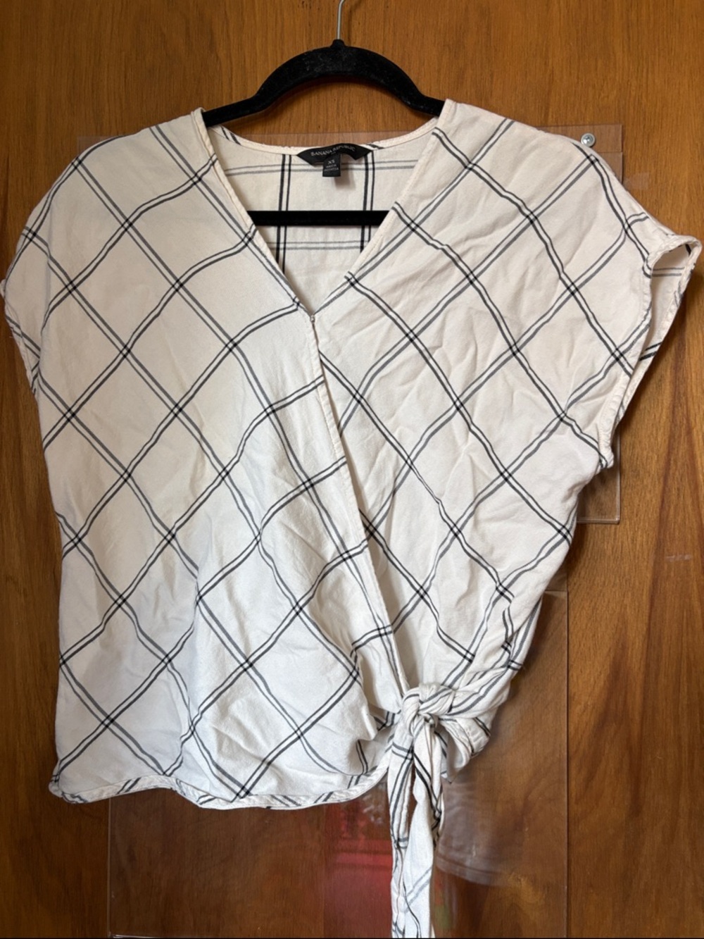 Banana Republic Cream and Black Plaid Tie-Side Wrap V-Neck Blouse